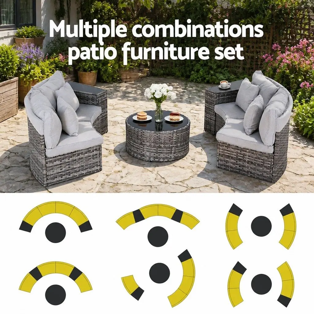 Outdoor Sofa Set Grey 7 Piece Garden Lounge Furniture with Removable Cushions and Tempered Glass Table Top