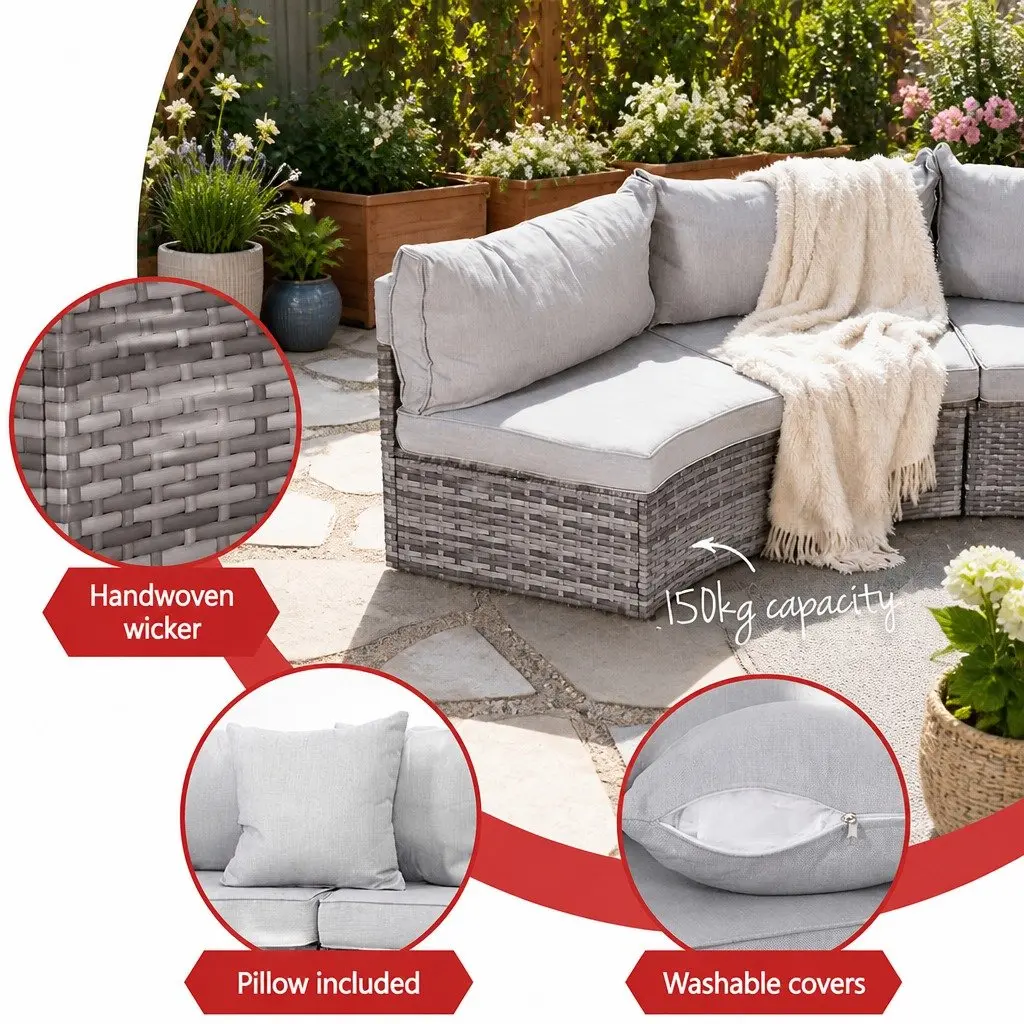 Outdoor Sofa Set Grey 7 Piece Garden Lounge Furniture with Removable Cushions and Tempered Glass Table Top