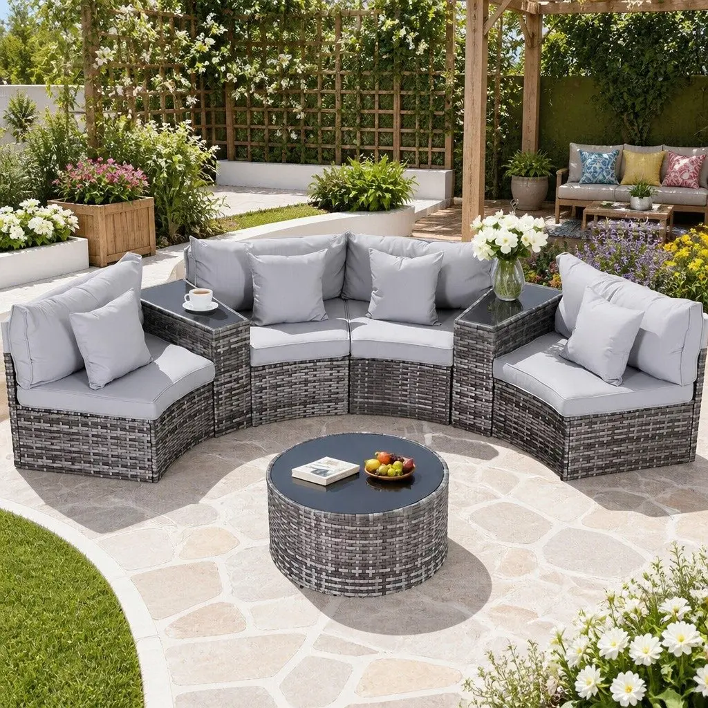 Outdoor Sofa Set Grey 7 Piece Garden Lounge Furniture with Removable Cushions and Tempered Glass Table Top