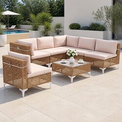6 Seater Outdoor Sofa Set 7PCS Rattan Patio Furniture Garden Lounge with Coffee
