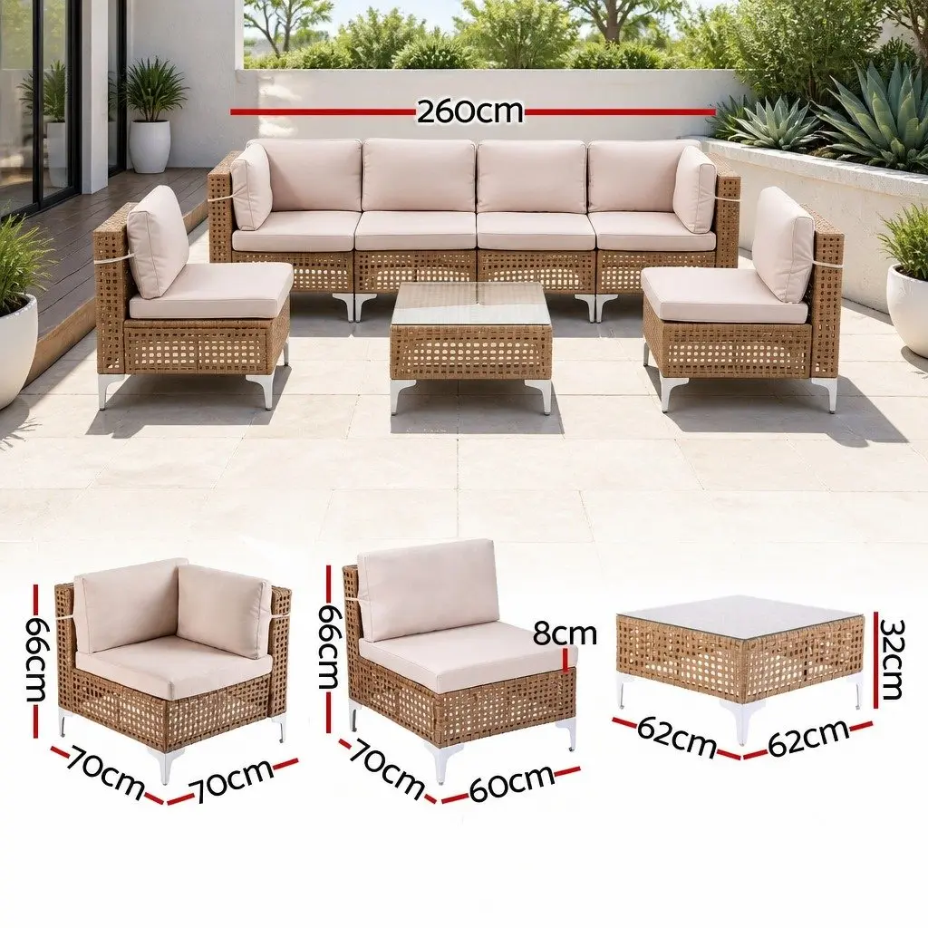 6 Seater Outdoor Sofa Set Beige Modular Rattan Patio Furniture with Coffee Table