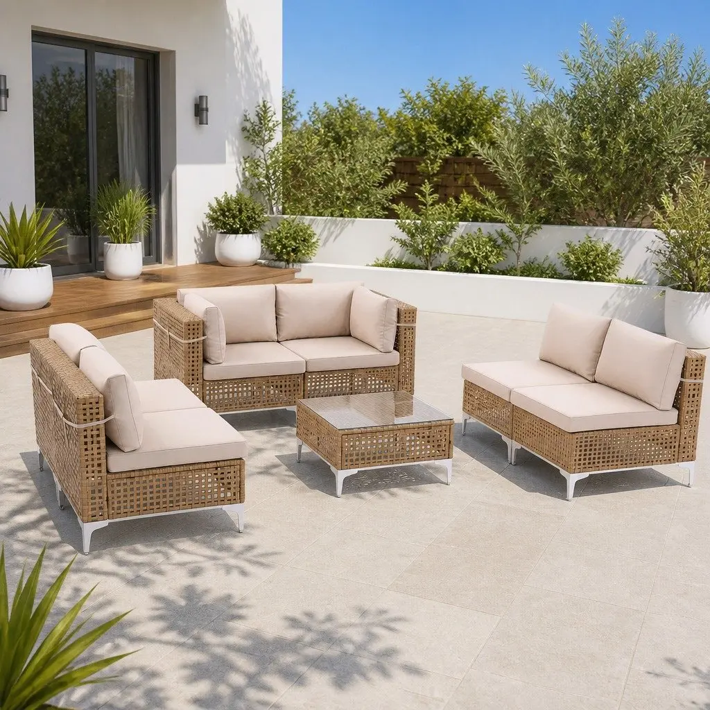 6 Seater Outdoor Sofa Set Beige Modular Rattan Patio Furniture with Coffee Table