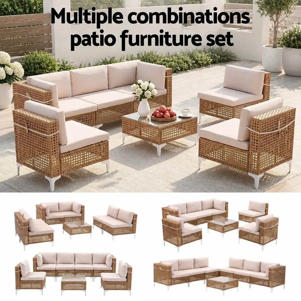 6 Seater Outdoor Sofa Set Beige Modular Rattan Patio Furniture with Coffee Table