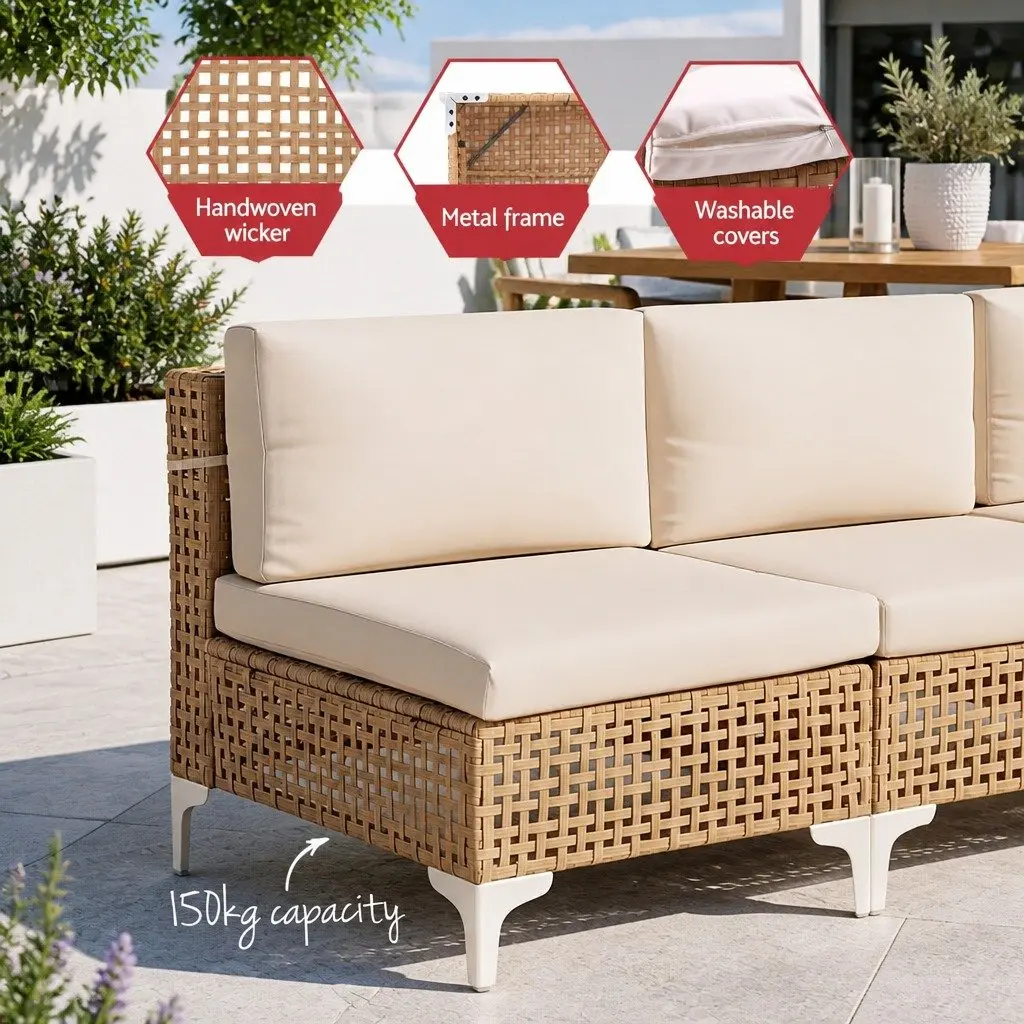 6 Seater Outdoor Sofa Set Beige Modular Rattan Patio Furniture with Coffee Table