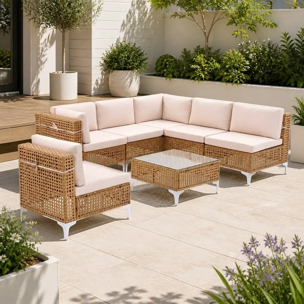 6 Seater Outdoor Sofa Set Beige Modular Rattan Patio Furniture with Coffee Table