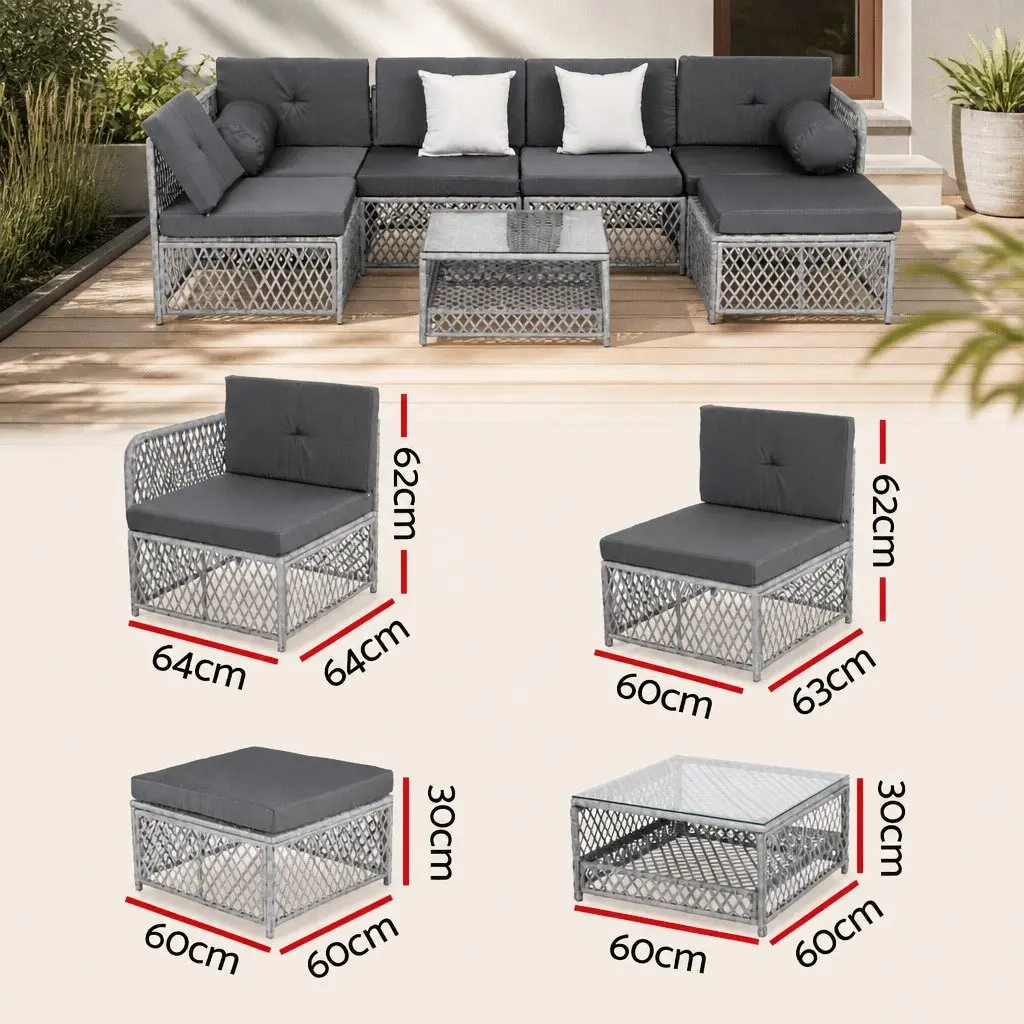 7 Piece Outdoor Sofa Set Grey Cushioned Seating UV Resistant PE Wicker Powder Coated Metal Frame Garden Patio