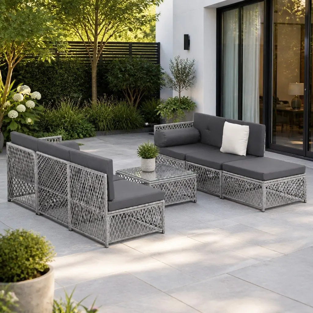 7 Piece Outdoor Sofa Set Grey Cushioned Seating UV Resistant PE Wicker Powder Coated Metal Frame Garden Patio