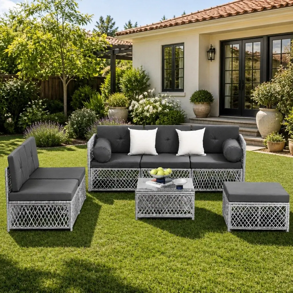 7 Piece Outdoor Sofa Set Grey Cushioned Seating UV Resistant PE Wicker Powder Coated Metal Frame Garden Patio