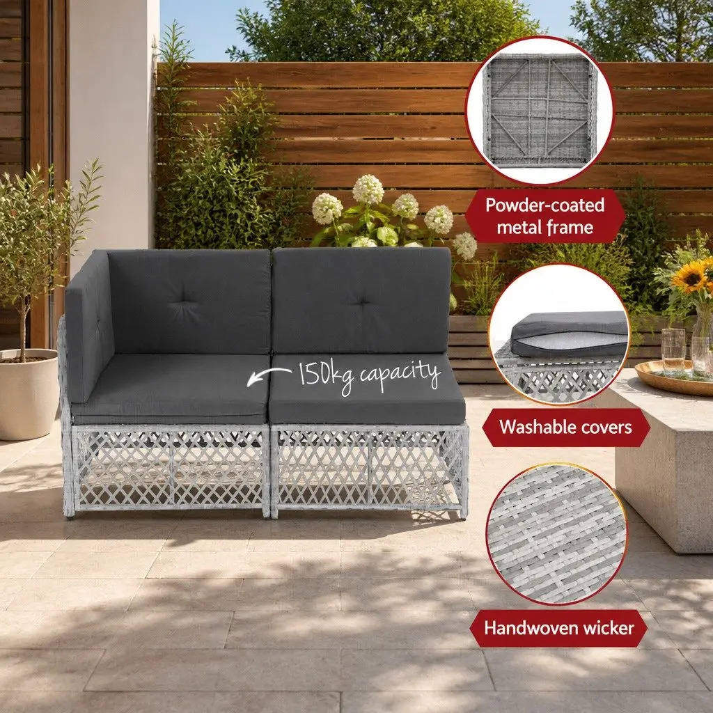 7 Piece Outdoor Sofa Set Grey Cushioned Seating UV Resistant PE Wicker Powder Coated Metal Frame Garden Patio