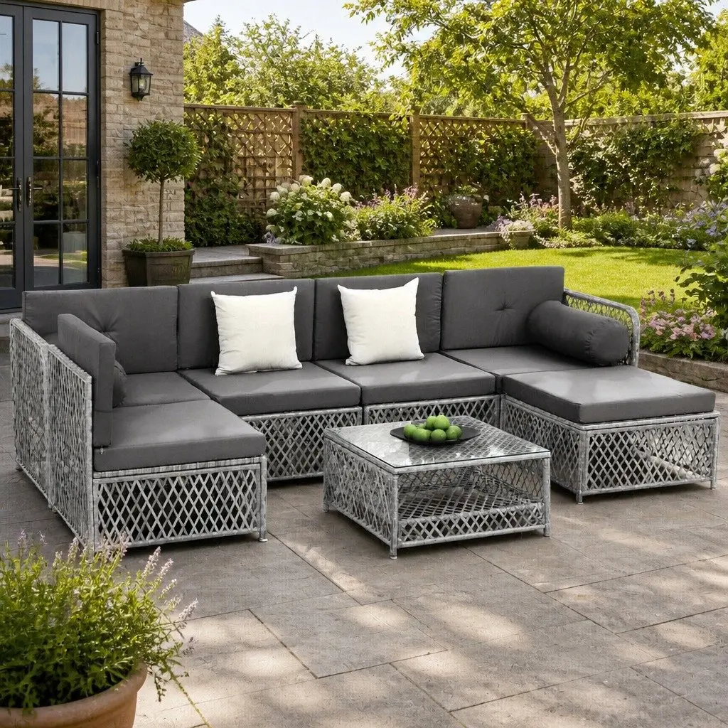 7 Piece Outdoor Sofa Set Grey Cushioned Seating UV Resistant PE Wicker Powder Coated Metal Frame Garden Patio