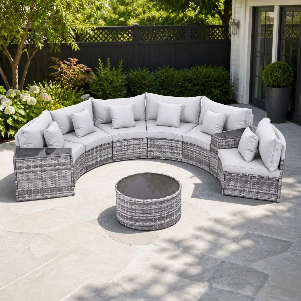 Outdoor Sofa Set Grey 9 Piece 6 Seater Rattan Patio Furniture with Removable Cushion Covers