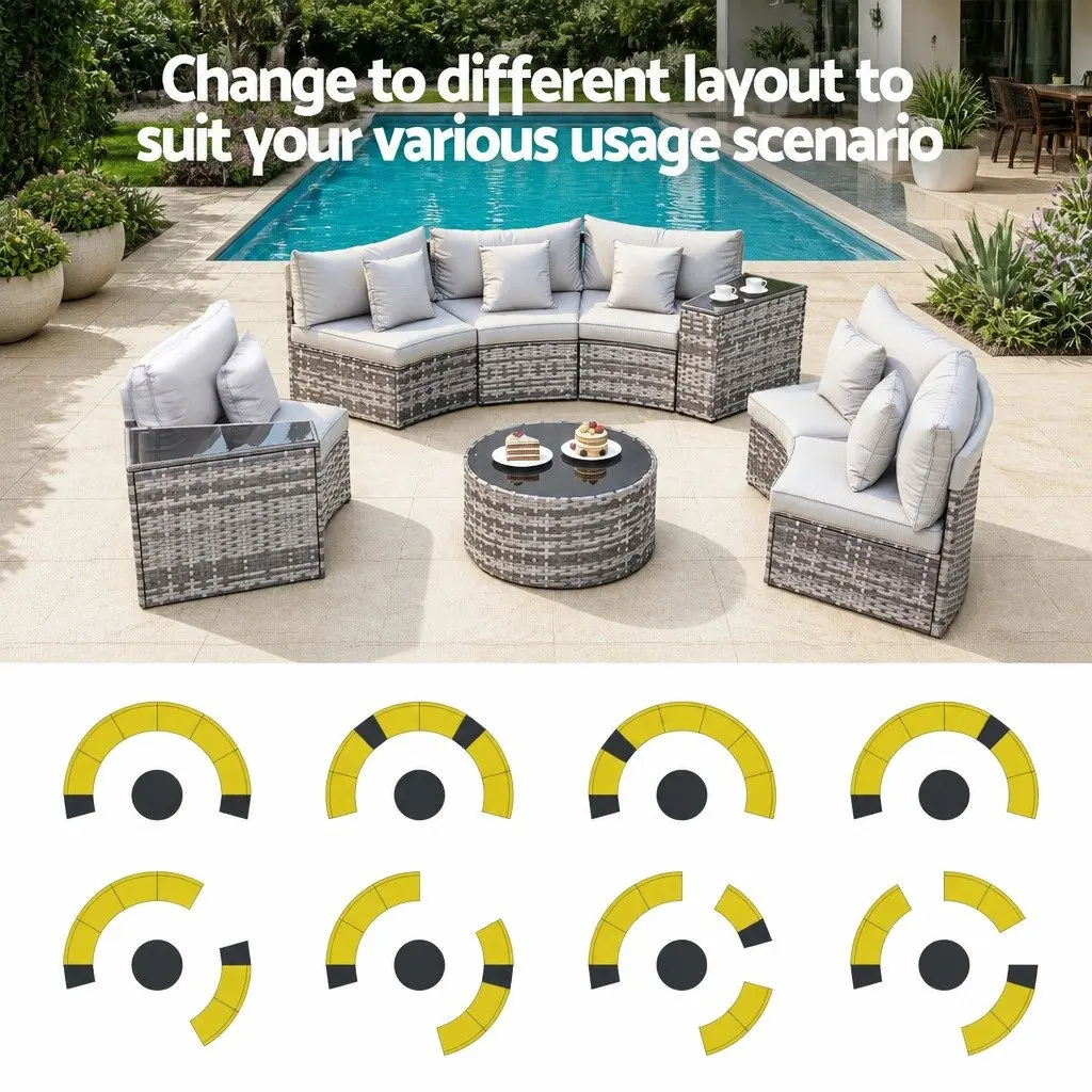 Outdoor Sofa Set Grey 9 Piece 6 Seater Rattan Patio Furniture with Removable Cushion Covers