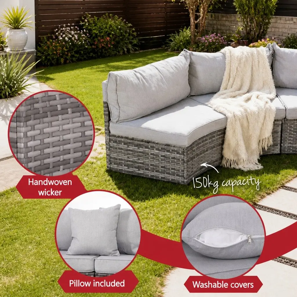 Outdoor Sofa Set Grey 9 Piece 6 Seater Rattan Patio Furniture with Removable Cushion Covers