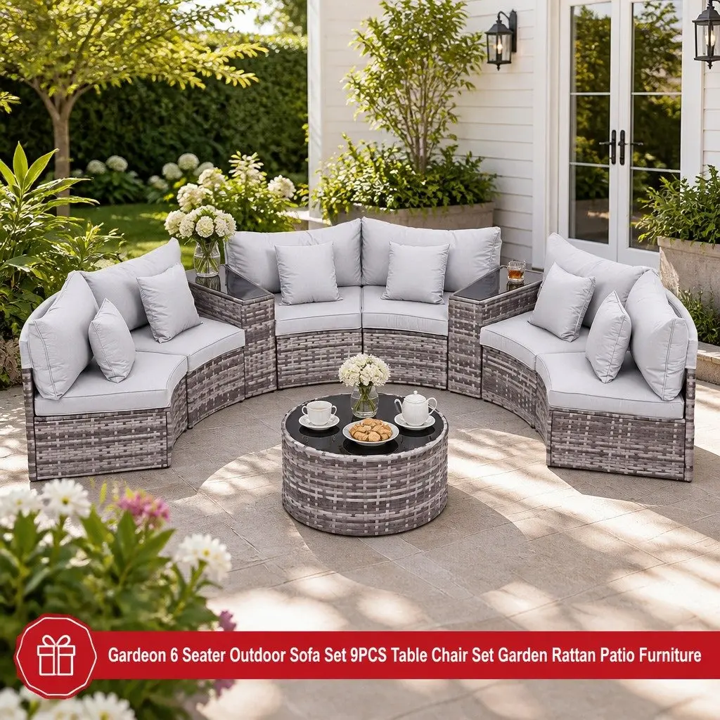 Outdoor Sofa Set Grey 9 Piece 6 Seater Rattan Patio Furniture with Removable Cushion Covers