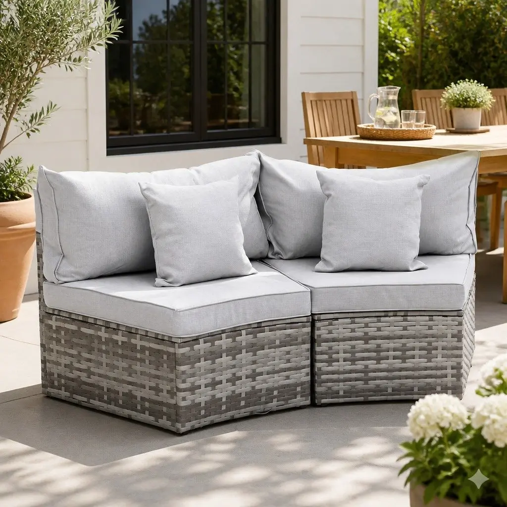 2 Piece Outdoor Sofa Set Grey Modular Rattan Lounge Chair Heavy-Duty Metal Frame