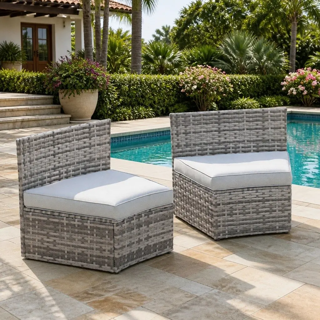 2 Piece Outdoor Sofa Set Grey Modular Rattan Lounge Chair Heavy-Duty Metal Frame