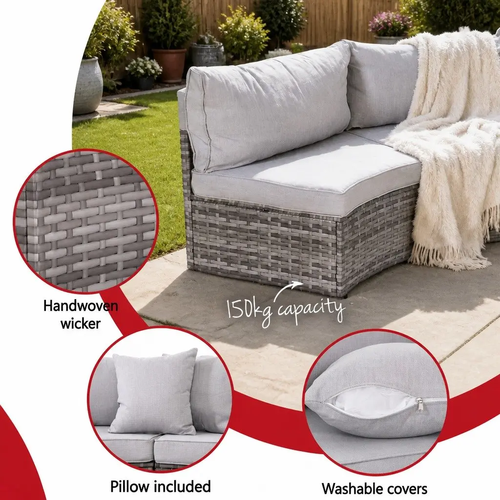 2 Piece Outdoor Sofa Set Grey Modular Rattan Lounge Chair Heavy-Duty Metal Frame