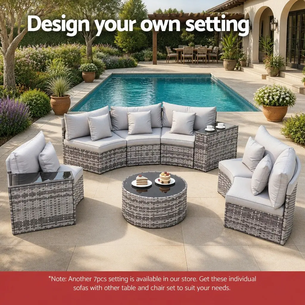 2 Piece Outdoor Sofa Set Grey Modular Rattan Lounge Chair Heavy-Duty Metal Frame