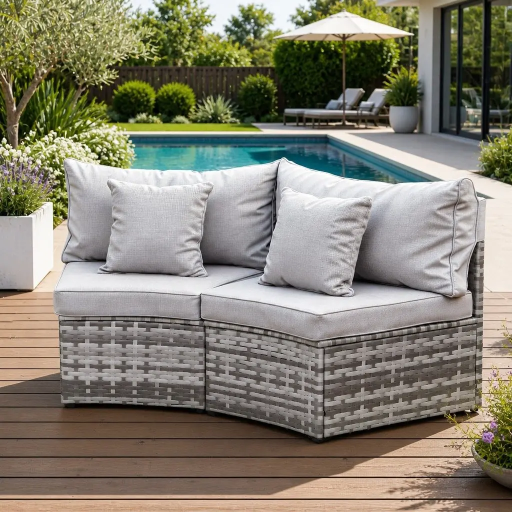 2 Piece Outdoor Sofa Set Grey Modular Rattan Lounge Chair Heavy-Duty Metal Frame