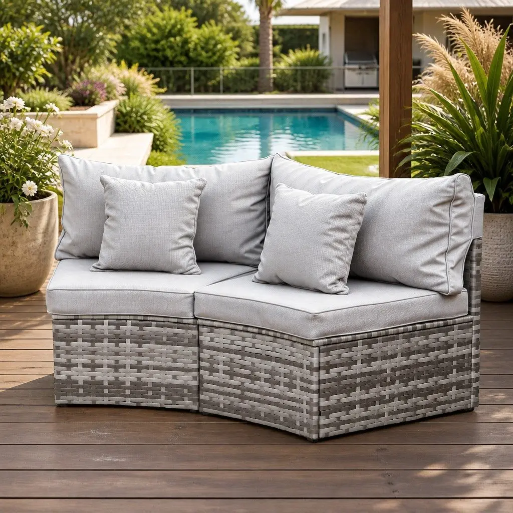 2 Piece Outdoor Sofa Set Grey Modular Rattan Lounge Chair Heavy-Duty Metal Frame