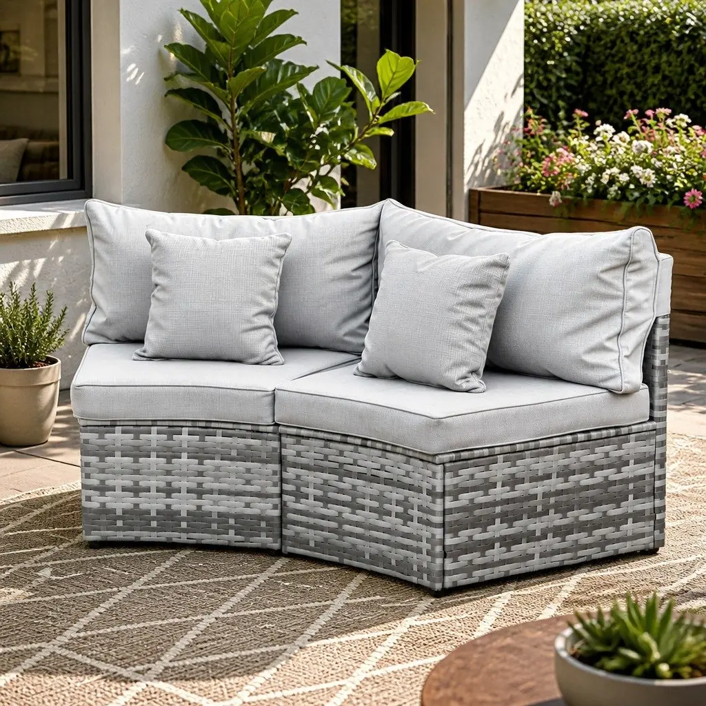 2 Piece Outdoor Sofa Set Grey Modular Rattan Lounge Chair Heavy-Duty Metal Frame