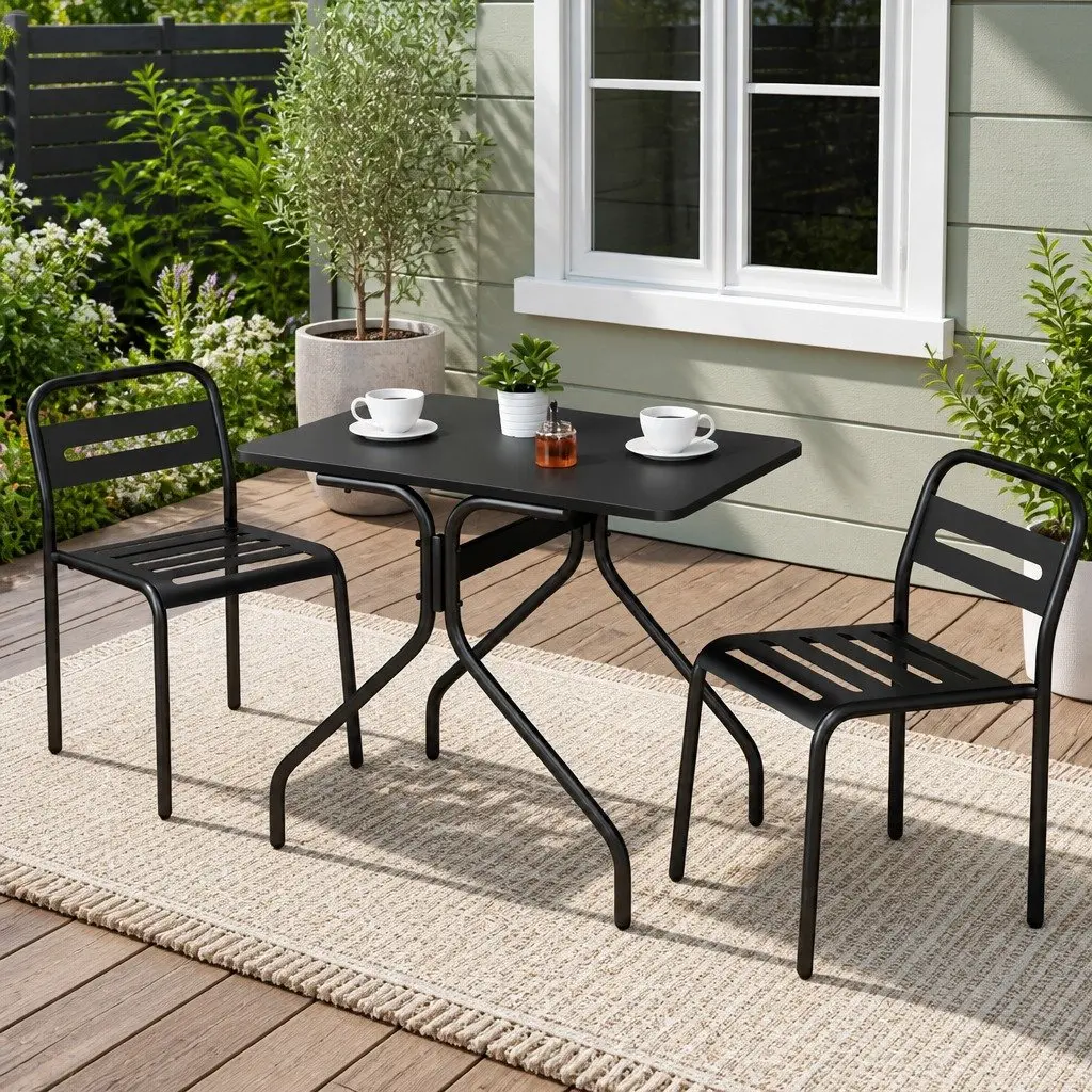 3-Piece Outdoor Bistro Set Steel Patio Dining Table and Chairs Black Garden