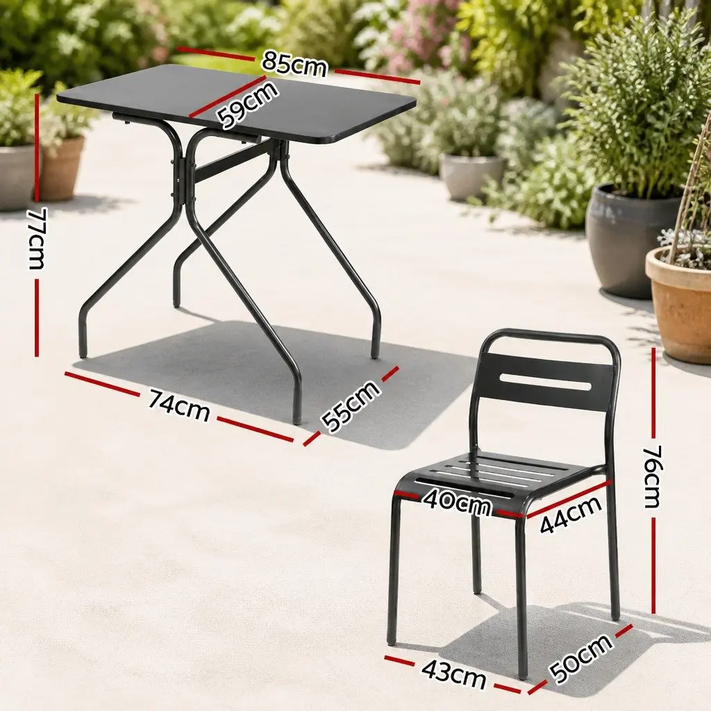 3-Piece Outdoor Bistro Set Steel Patio Dining Table and Chairs Black Garden