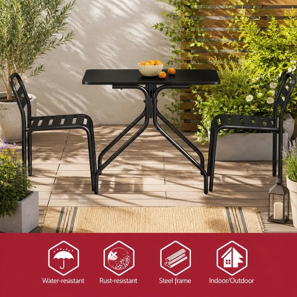 3-Piece Outdoor Bistro Set Steel Patio Dining Table and Chairs Black Garden