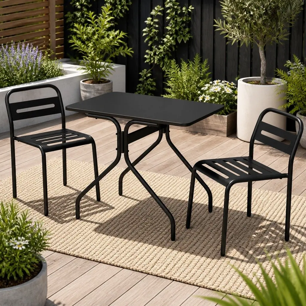3-Piece Outdoor Bistro Set Steel Patio Dining Table and Chairs Black Garden