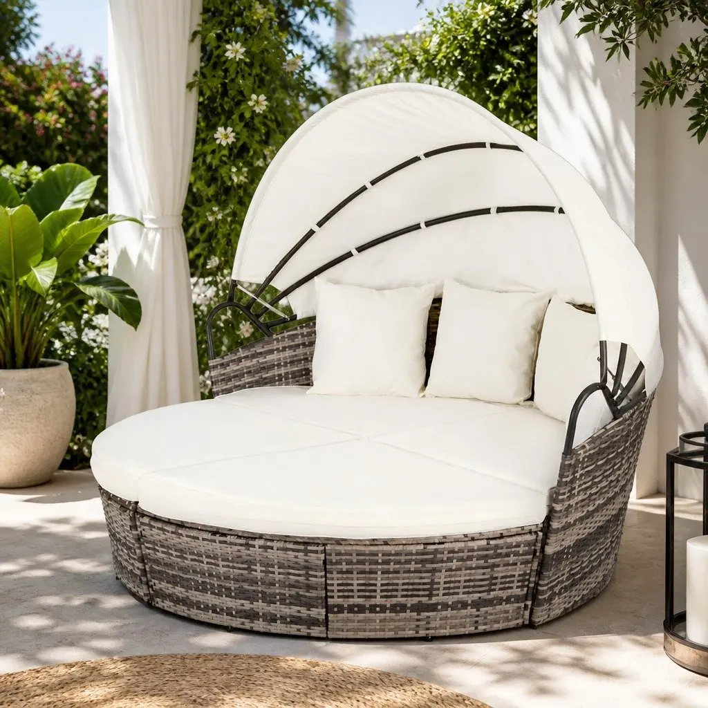 Outdoor Day Bed Beige Modular Folding Canopy Weather Resistant Sofa Set 3 Piece