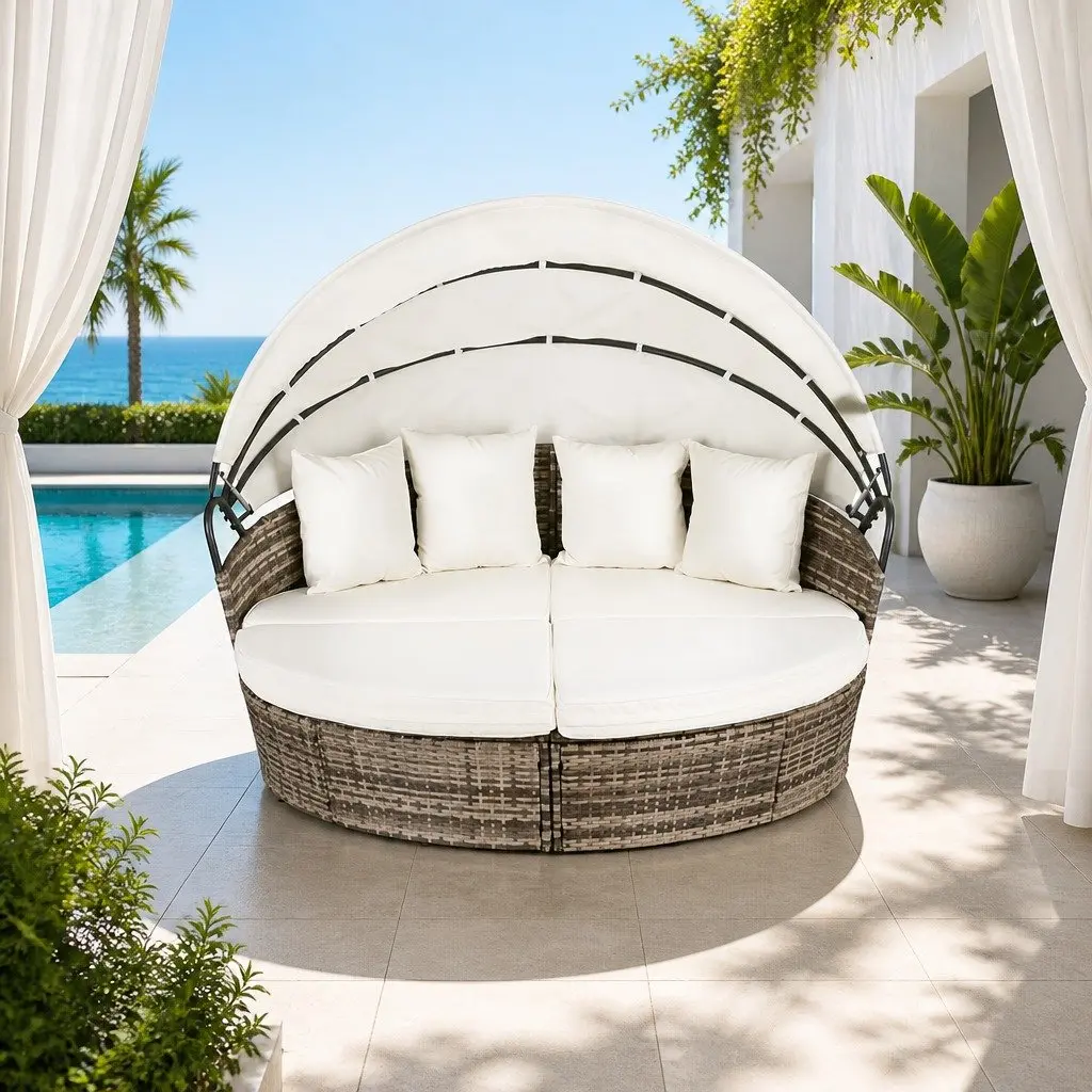 Outdoor Day Bed Beige Modular Folding Canopy Weather Resistant Sofa Set 3 Piece