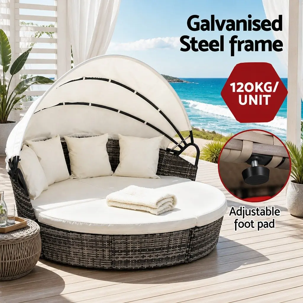 Outdoor Day Bed Beige Modular Folding Canopy Weather Resistant Sofa Set 3 Piece