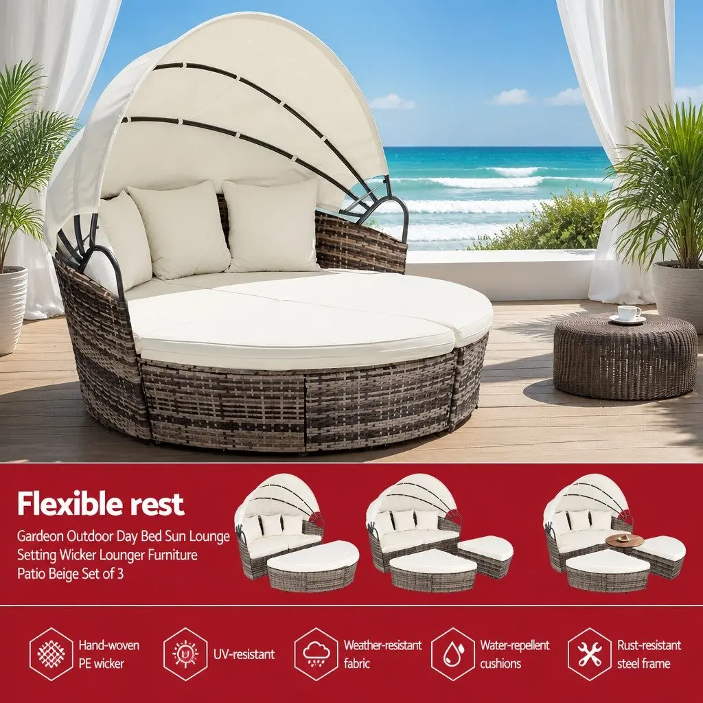 Outdoor Day Bed Beige Modular Folding Canopy Weather Resistant Sofa Set 3 Piece