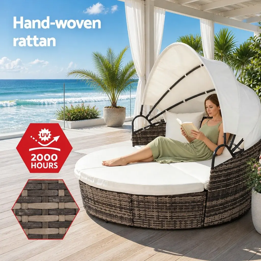 Outdoor Day Bed Beige Modular Folding Canopy Weather Resistant Sofa Set 3 Piece