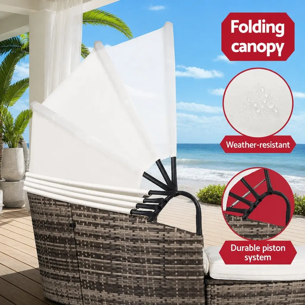 Outdoor Day Bed Beige Modular Folding Canopy Weather Resistant Sofa Set 3 Piece