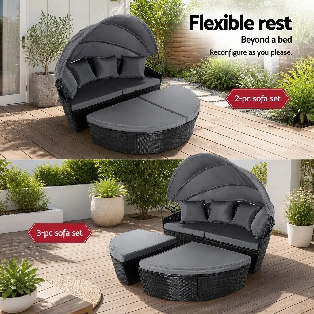 Outdoor Day Bed Sun Lounge Wicker Lounger Patio Furniture with Canopy Black