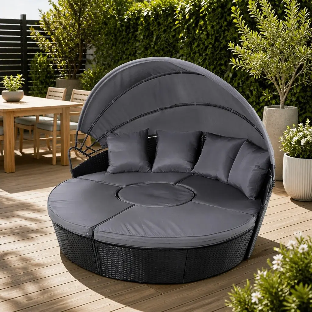 Outdoor Day Bed Sun Lounge Setting Wicker Lounger Patio Furniture Black 0-90