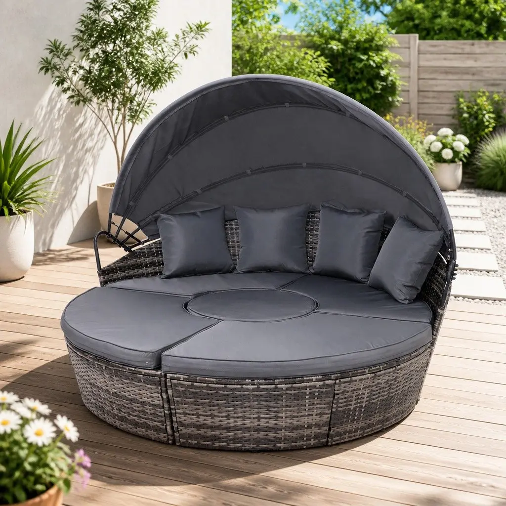 Outdoor Day Bed Lounge Setting Wicker Patio Furniture with Folding Canopy Grey