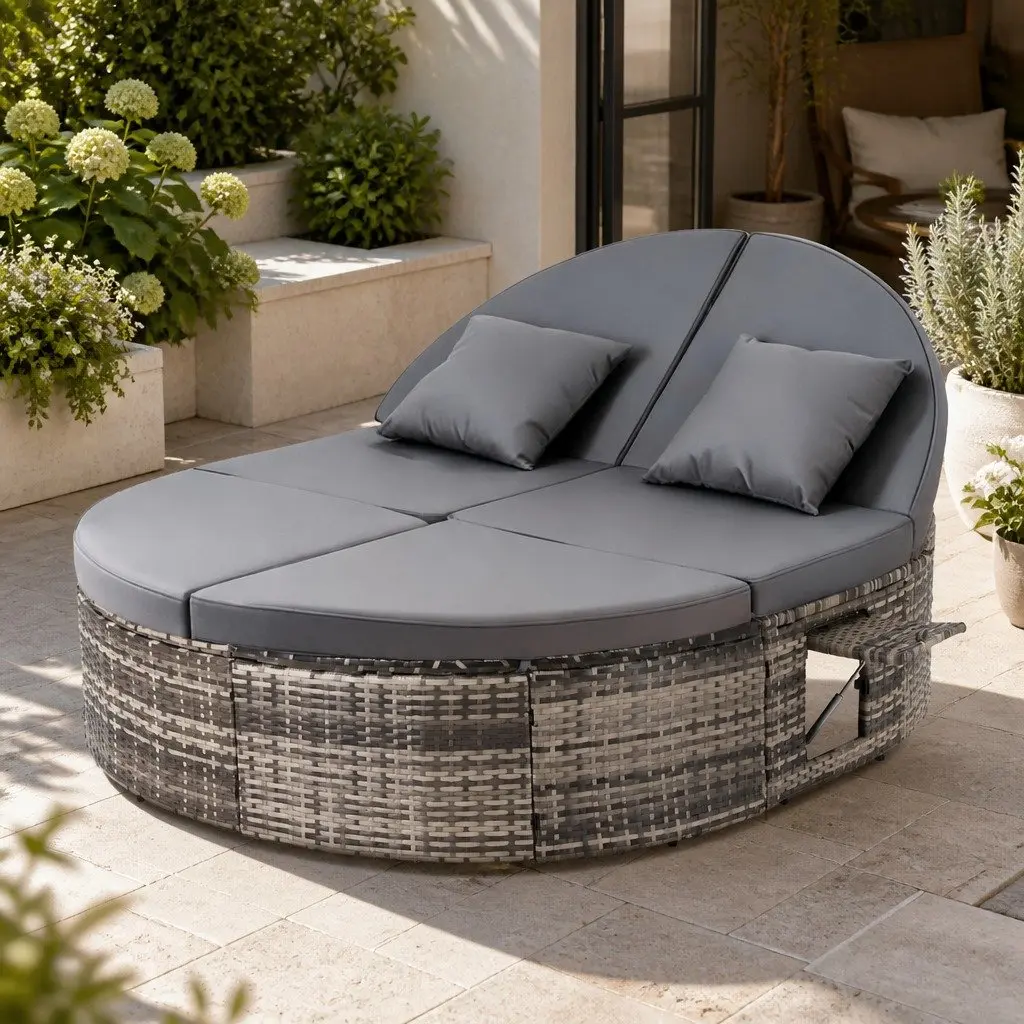 Outdoor Day Bed Grey Wicker Lounger Adjustable Backrests Retractable Side Trays