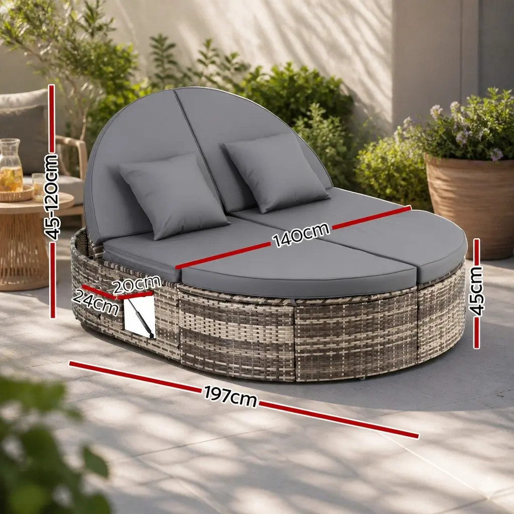 Outdoor Day Bed Grey Wicker Lounger Adjustable Backrests Retractable Side Trays