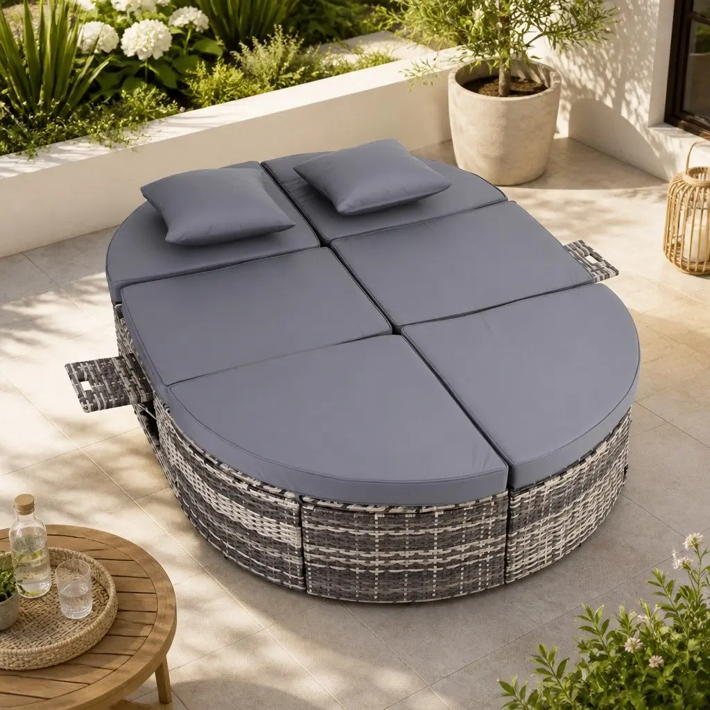 Outdoor Day Bed Grey Wicker Lounger Adjustable Backrests Retractable Side Trays