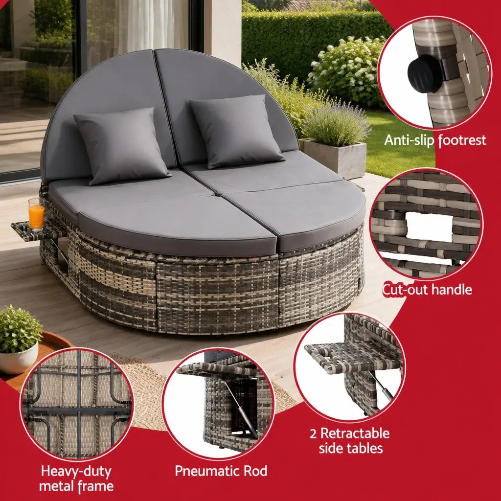Outdoor Day Bed Grey Wicker Lounger Adjustable Backrests Retractable Side Trays