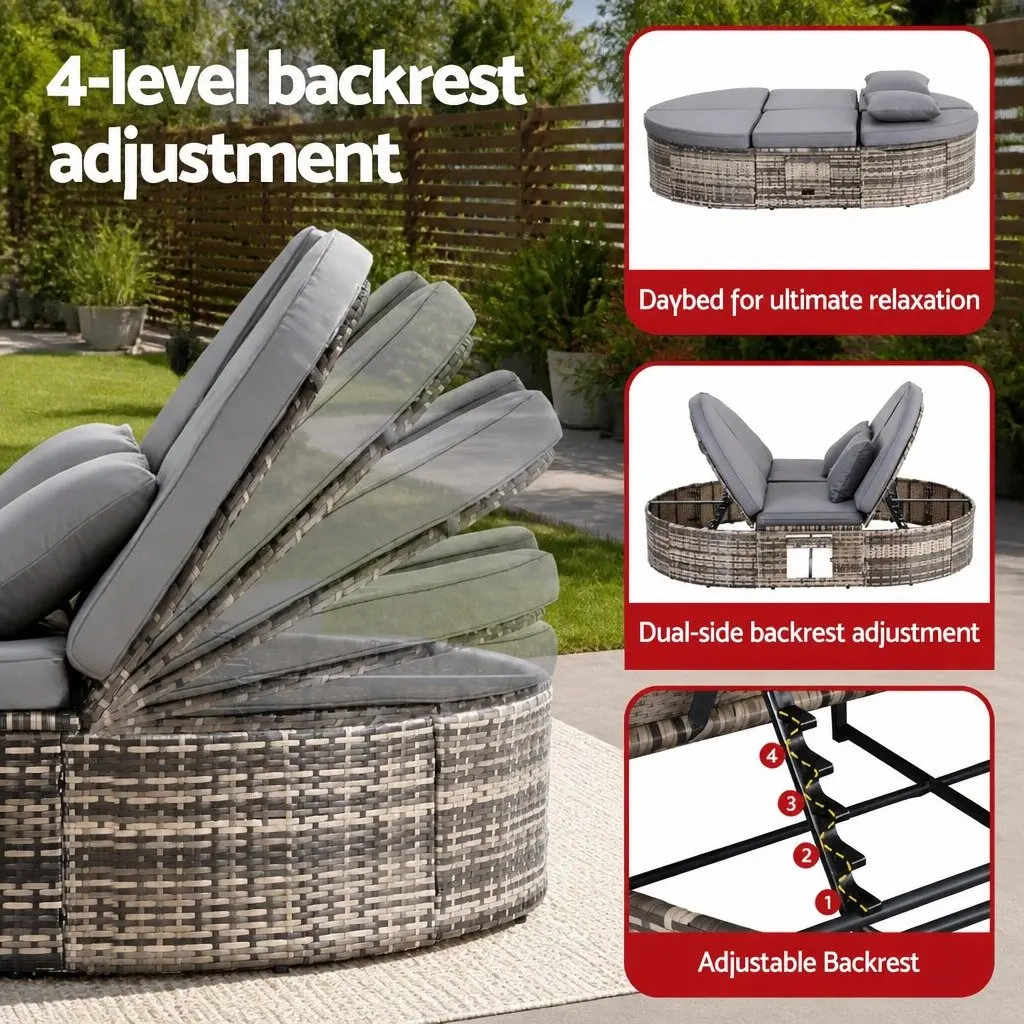 Outdoor Day Bed Grey Wicker Lounger Adjustable Backrests Retractable Side Trays