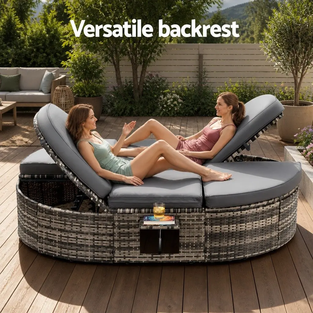Outdoor Day Bed Grey Wicker Lounger Adjustable Backrests Retractable Side Trays