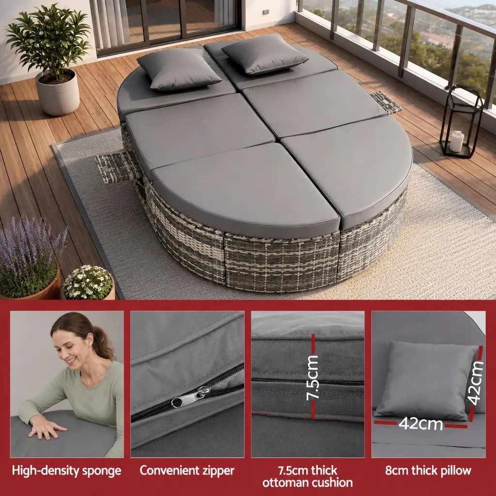 Outdoor Day Bed Grey Wicker Lounger Adjustable Backrests Retractable Side Trays
