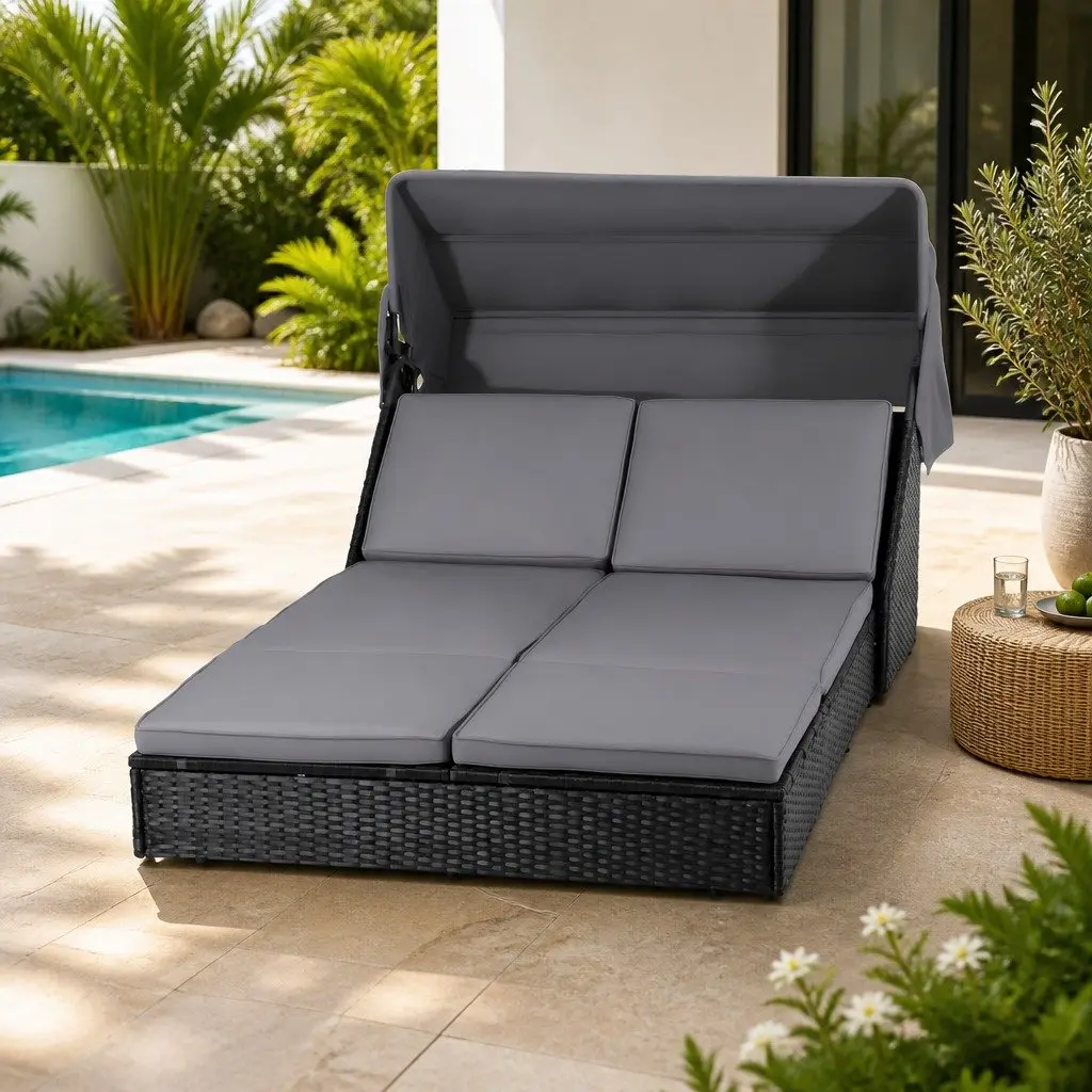 Outdoor Day Bed Black Adjustable Backrest Wicker Lounger