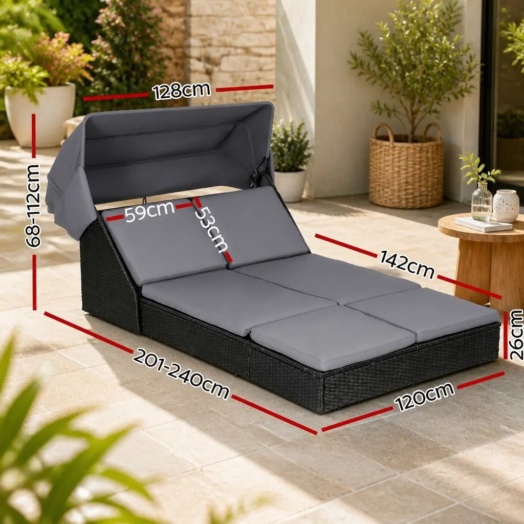 Outdoor Day Bed Black Adjustable Backrest Wicker Lounger