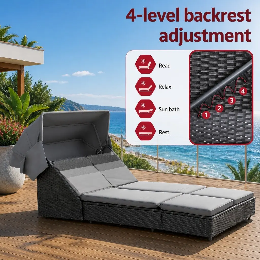 Outdoor Day Bed Black Adjustable Backrest Wicker Lounger