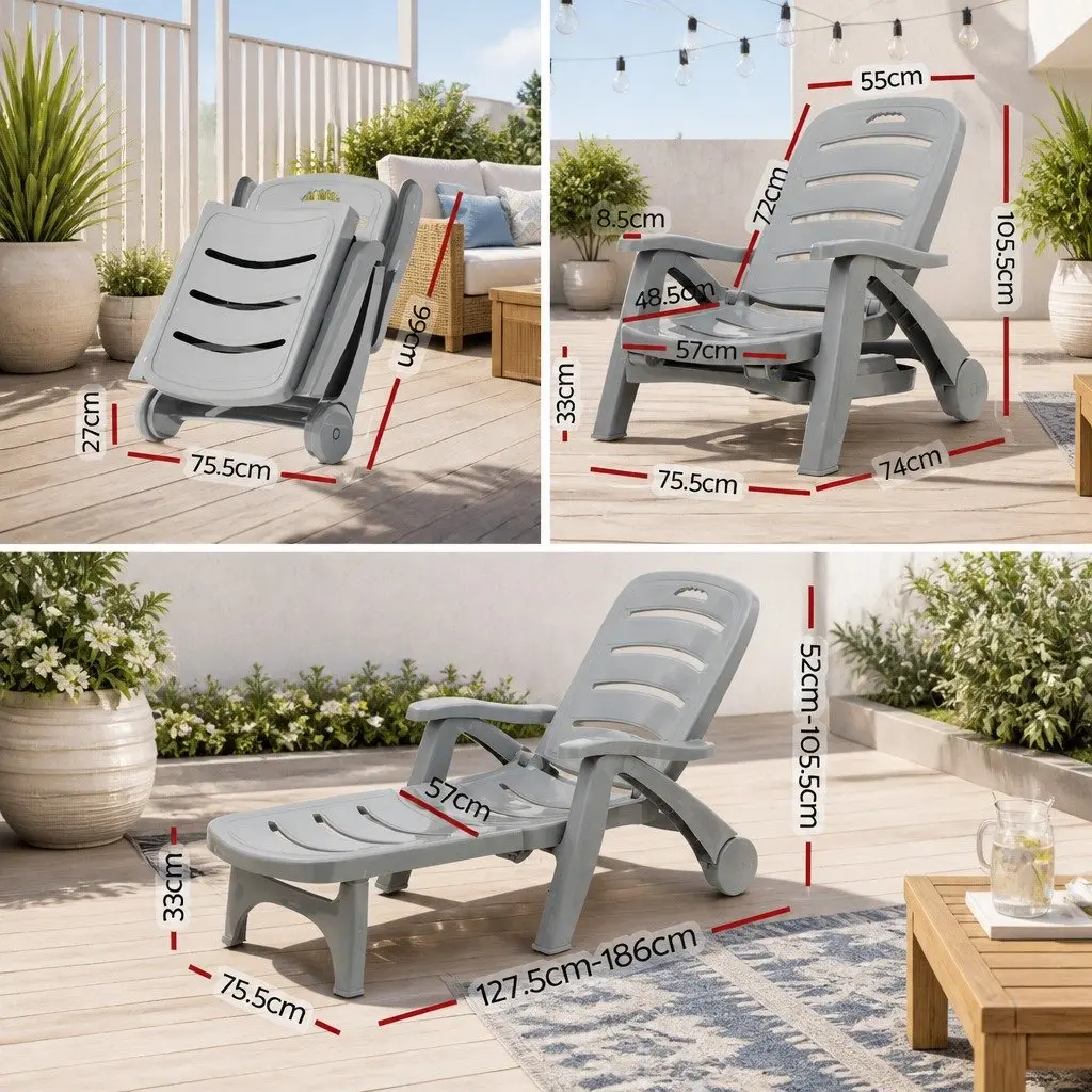 Sun Lounger Grey Folding Lounge Chair with Wheels Adjustable Backrest Outdoor Furniture