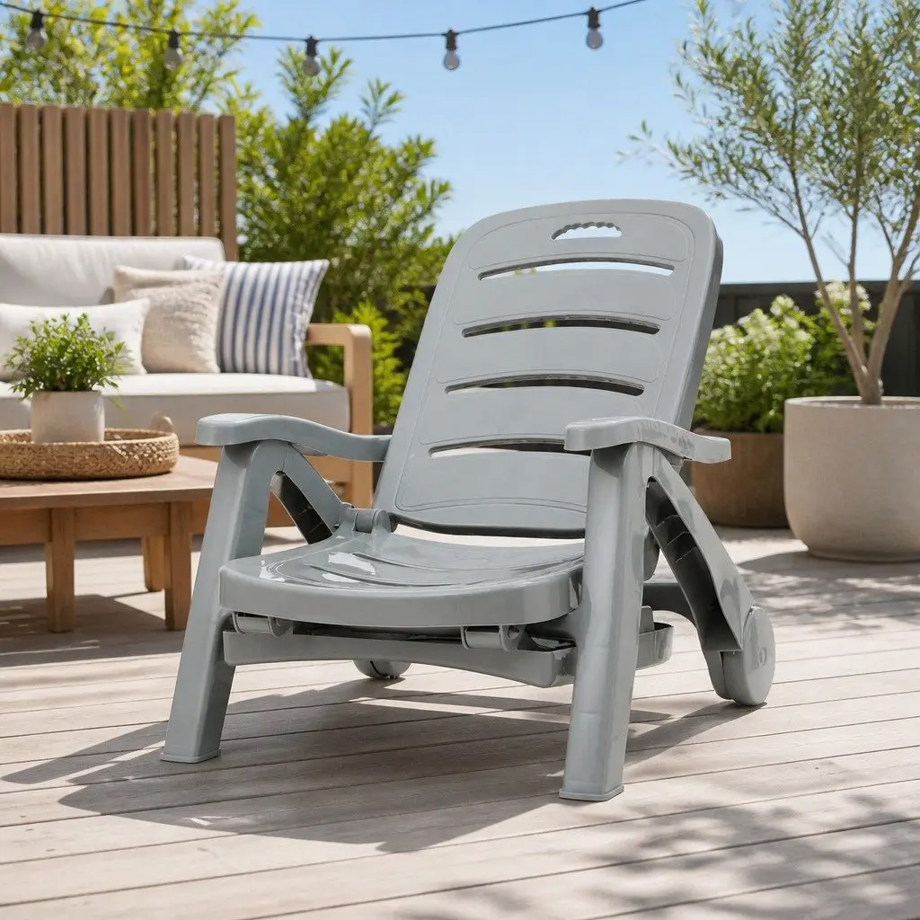 Sun Lounger Grey Folding Lounge Chair with Wheels Adjustable Backrest Outdoor Furniture